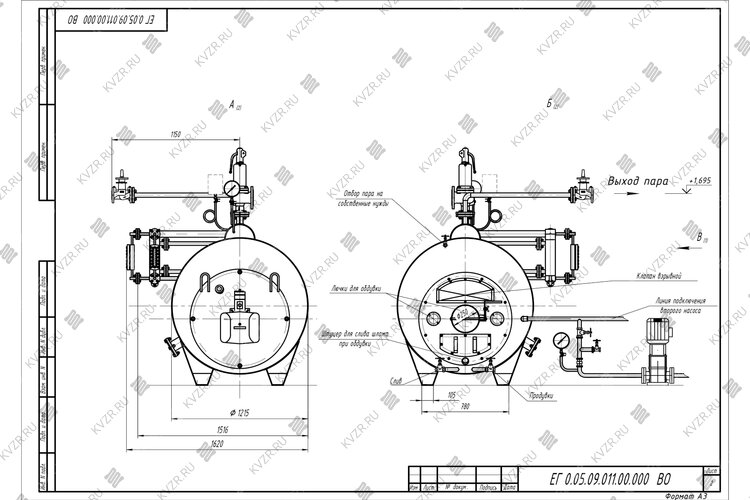 Чертеж парового котла Е 0.5 0.9 на газе