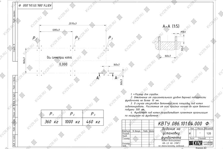 Чертеж фундамента котла КВр 1.0 с ОУР