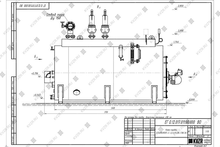 Чертеж газового парового котла 1200 кг 130 °С
